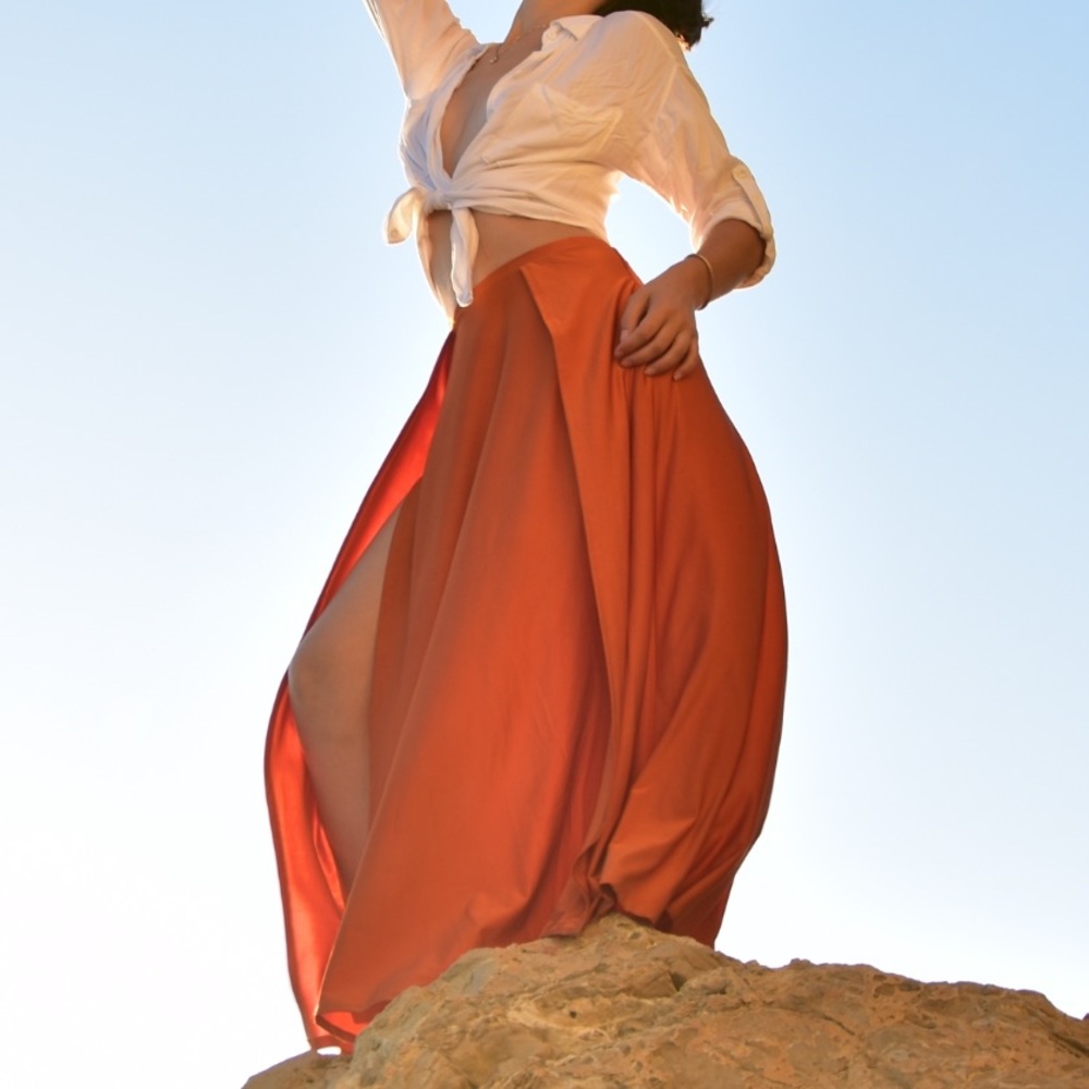 Shareen collection burnt Orange double slit maxi skirt